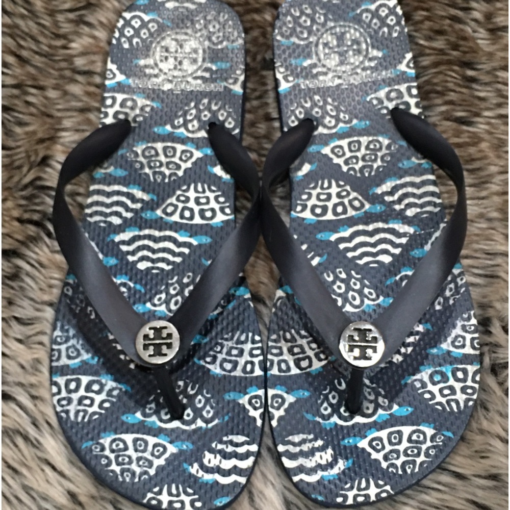 Tory Burch Turtle Thong Slides Flip Flops Navy/Cream *Size 9*
